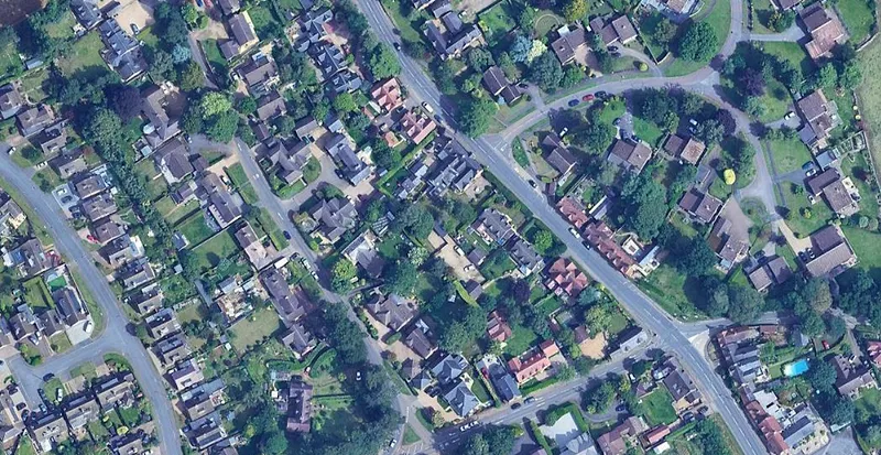 Aerial view of a suburban street grid in England
