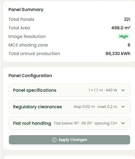 Panel summary: 321 panels, 498 square metres, 86,330 kWh total annual production